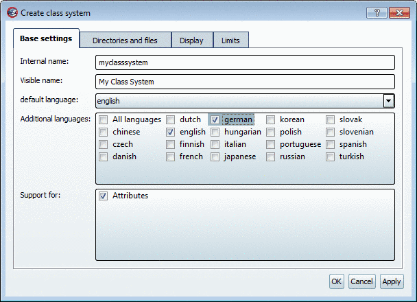 Dialog box "Create class system"