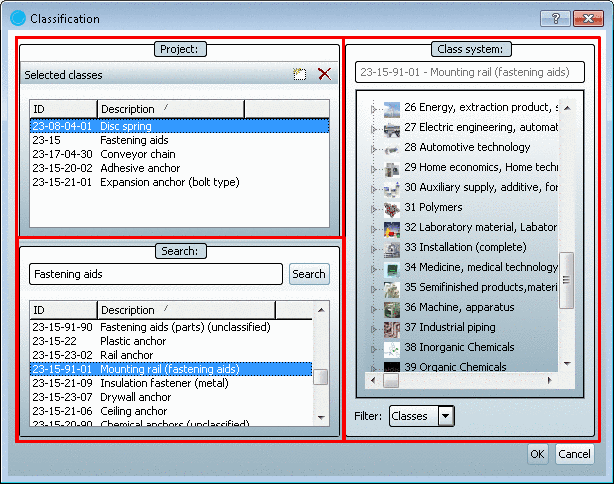Classification dialog window