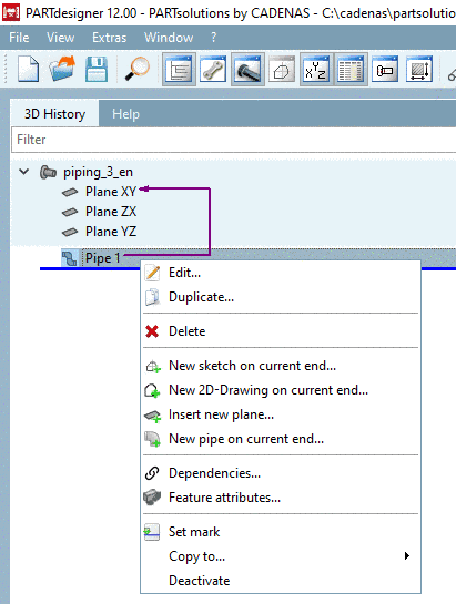 Context menu of "Pipe"