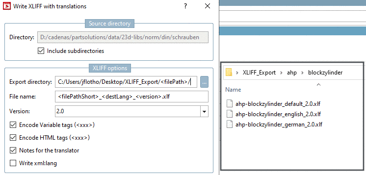 Example with place holders at "Export directory" and "File name".