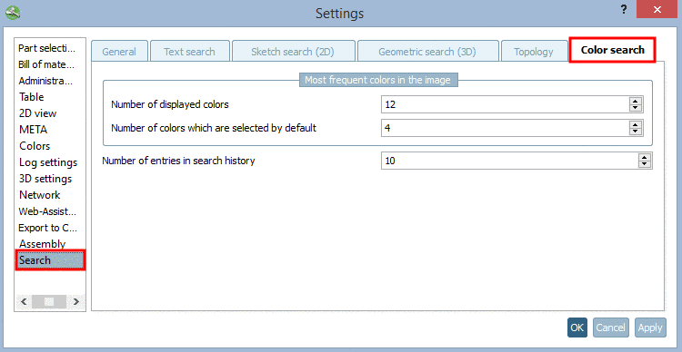 "Settings" dialog box -> "Color Search" tabbed page