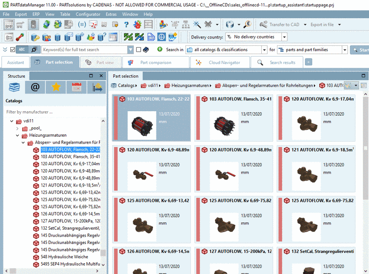Part selection: Imported sample parts