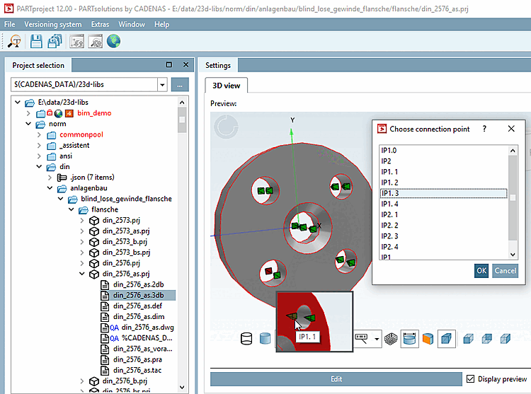 Connection point highlighted in red after selection in dialog and name in tooltip on mouseover