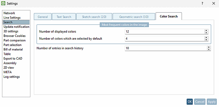 Settings dialog page → "Colour search [Color Search]" Tabbed page