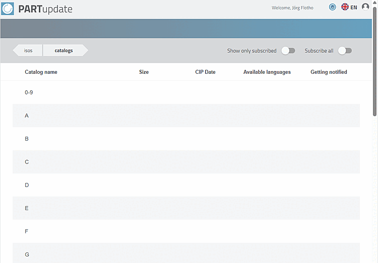 Tabbed page "catalogs" selected