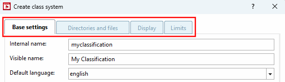 Tab in the "Create class system [Create class system] " dialog box