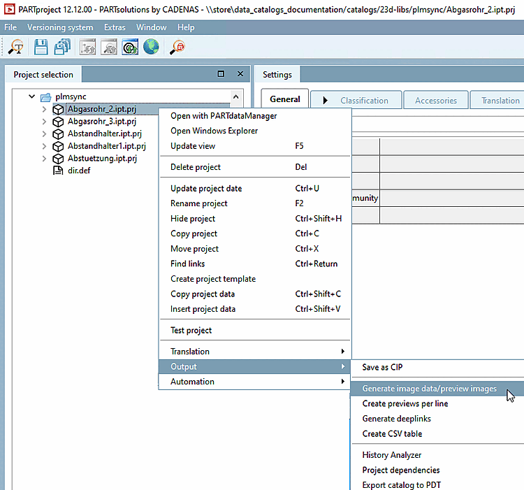 PARTproject -> Context menu command "Output [Output] " -> "Generate image data/preview images [Generate image data/preview images] "