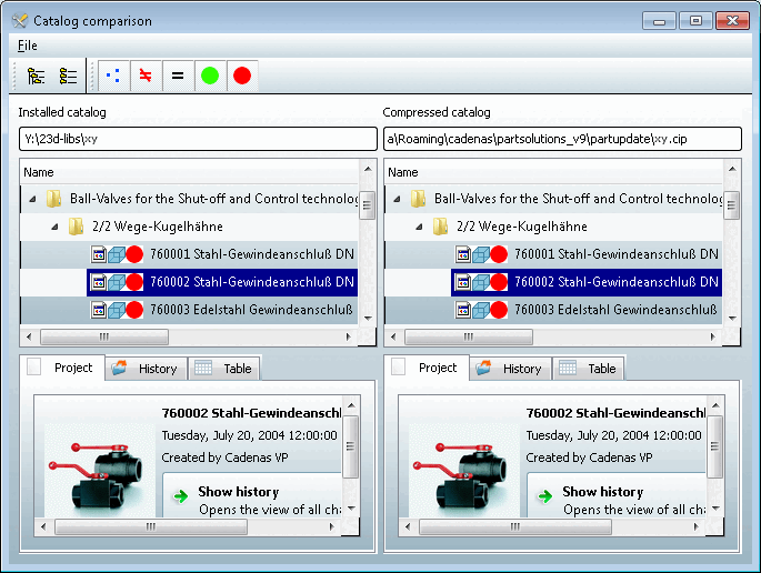 You can compare the table [Table] and 3D view in the "Catalog comparison [Catalog comparison]" dialog box.Catalog comparison