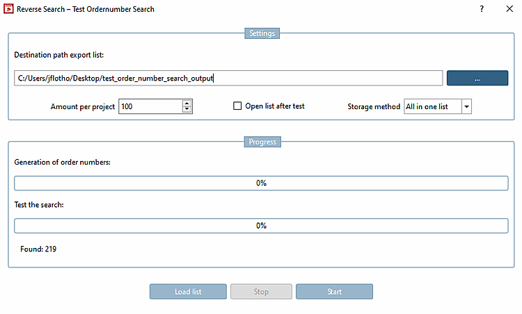 Context menu command "Reverse Search - Test order number search [Reverse Search – Test Order Number Search] "