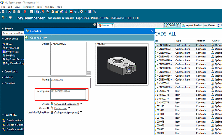 Exemplary result part in Teamcenter