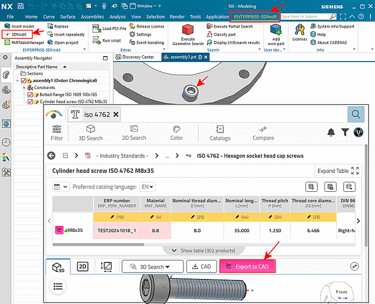 Call up 3Dfindit via menu item "ENTERPRISE-3Dfindit" -> sub-item "3Dfindit" and export part to CAD
