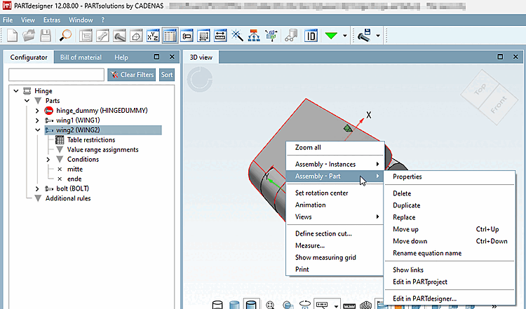 Individual part selected in assembly -> "Assembly - Rule [Assembly - Rule] " context menu command