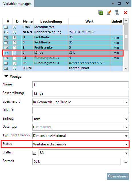 Example: Variable with status [Status] "Value range variable [Value range variable] "