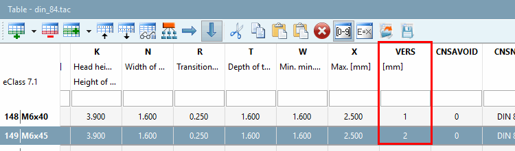 Table with variable "VERS