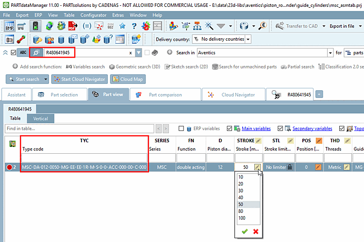 Example: Search with order number, display of type code in the table