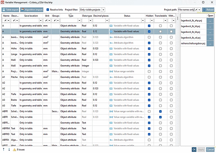 Dialog Box "Variable Management"