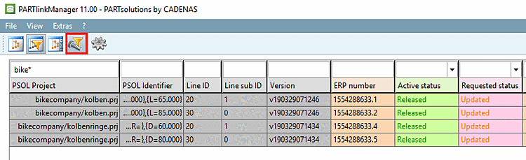 Current status [Active status] and requested status [Requested status] after processing in the Update Manager