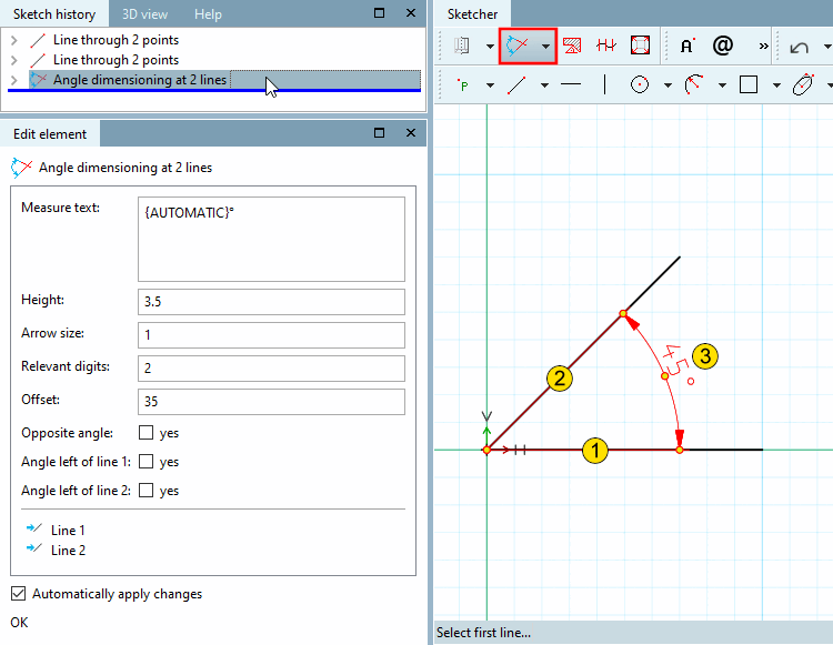 Angle dimensioning at 2 lines