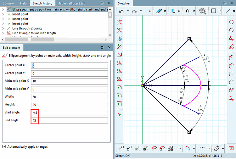 Ellipse segment: divergent values in the sketch