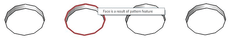 Incorrect application: The note "Area was created by a pattern feature [Face is a result of pattern feature] " is displayed.