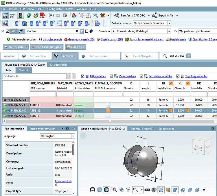 Icons in the characteristic attribute table signalize the existence of CAD documents