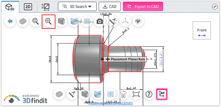 Zoom to object [Zoom in on object]: Selected individual part with dimensions