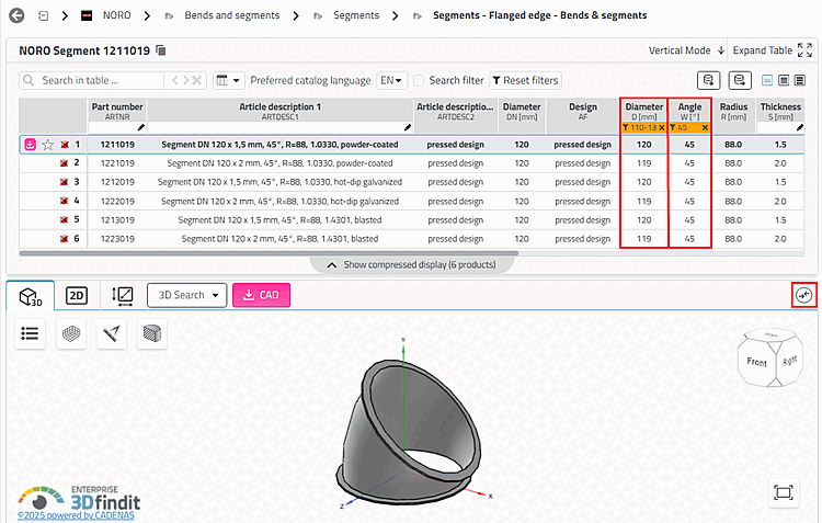 Filter table for diameter and angle