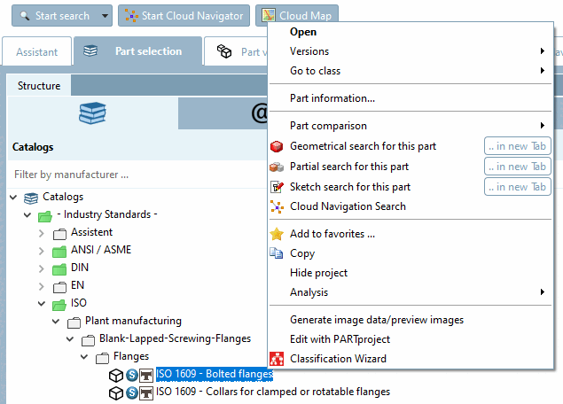 Exemplary context menu on project level: The displayed commands may vary on different levels