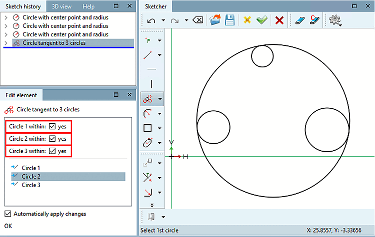 Example: Circle 1, 2 and 3 inside the tangent circle