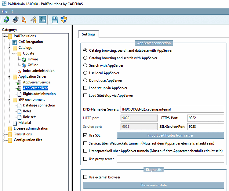 PARTadmin > Category "AppServer Client [AppServer client]" > Selection "Catalogs, search and database via AppServer [Catalog browsing, search and database with AppServer]"