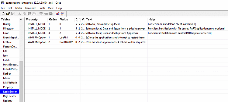 Table "RadioButton" in Orca