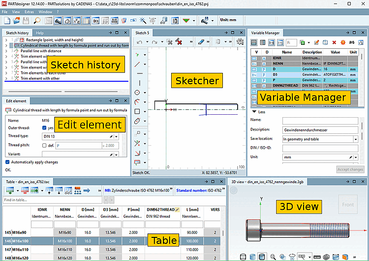 PARTdesigner with sketch history [Sketch history], sketcher [Sketcher], variable manager [Variable Manager], table [Table] and 3D view