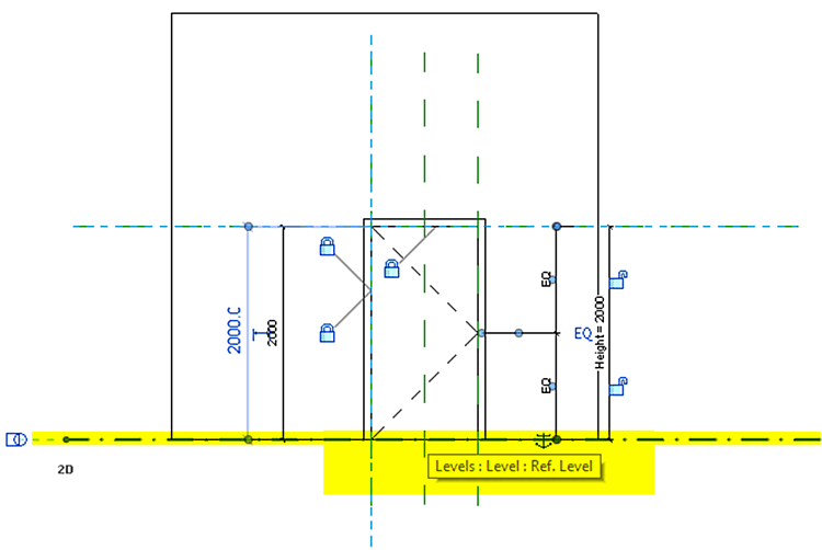 Intersection of the marked reference planes in “front” view