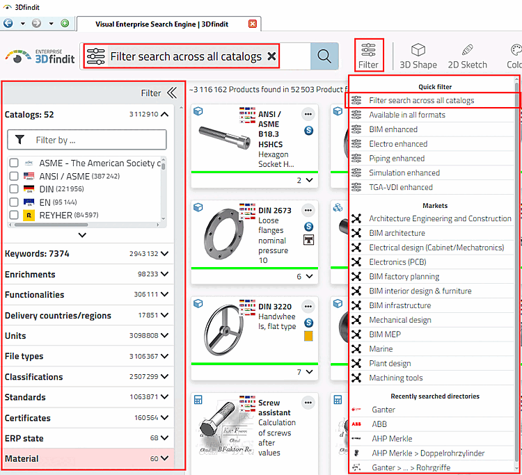 Example: Filter after selecting "Filter search across all catalogs [Filter search across all catalogs] "