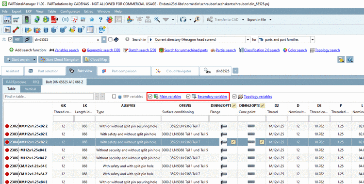 Table with "Main variables" and "Secondary variables"