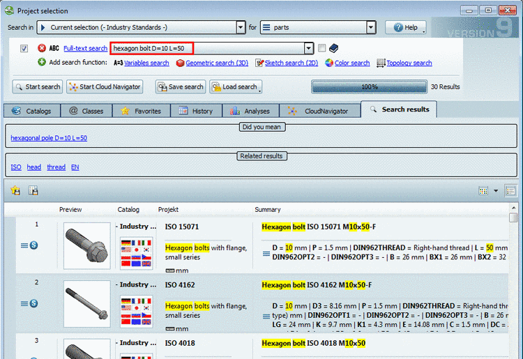 Search parameters highlighted in color