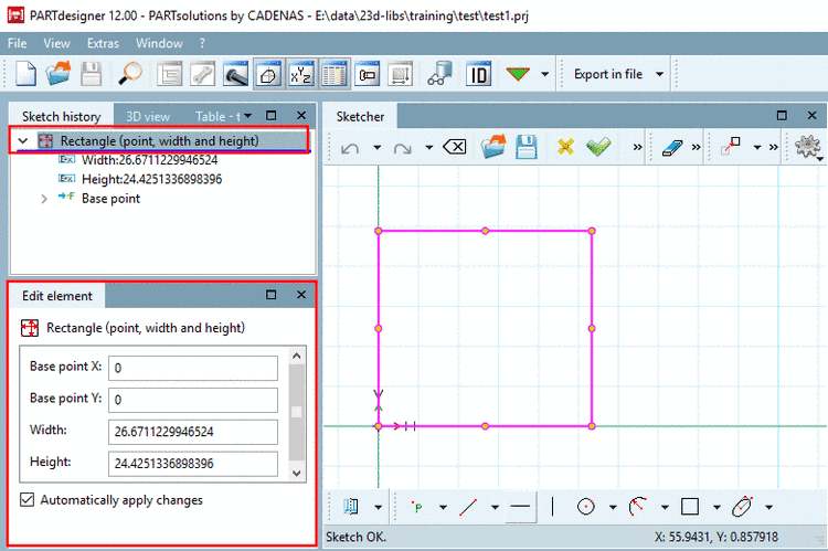 Docking window "Tool" (here with current labeling "Edit element")