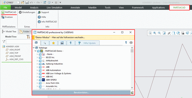 Exemplarily PARTS4CAD menu in Creo Parametric