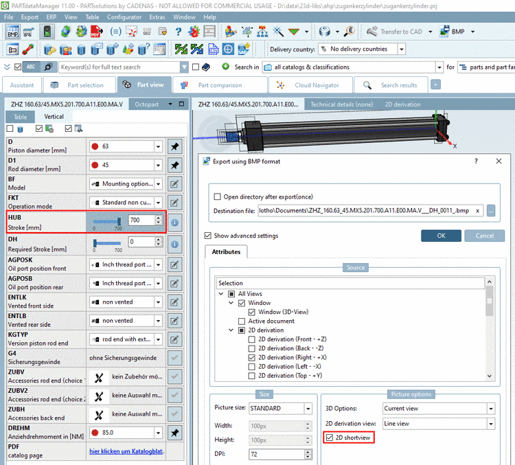 Example: Export using BMP format - Option "2D shortened view"
