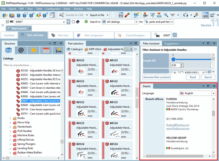 Example: Display of branch office addresses in PARTdataManager