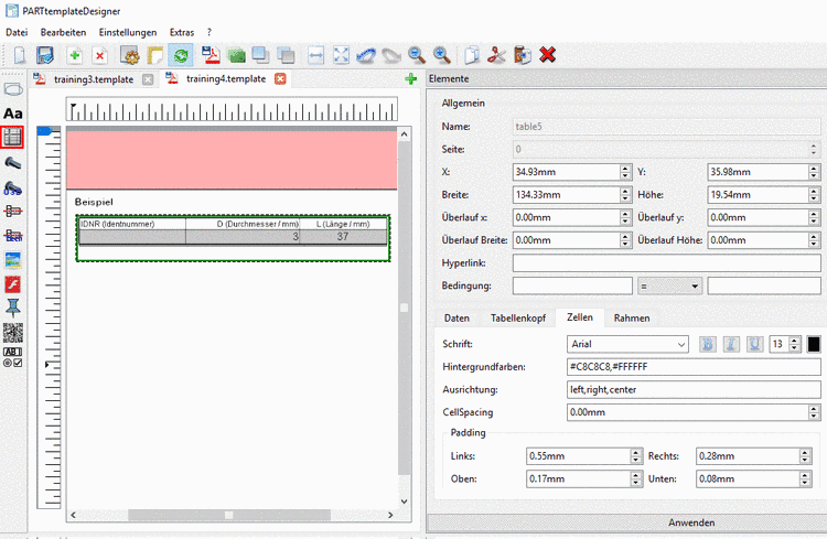 Example: Table with 3 columns and 3 values under "Orientation"
