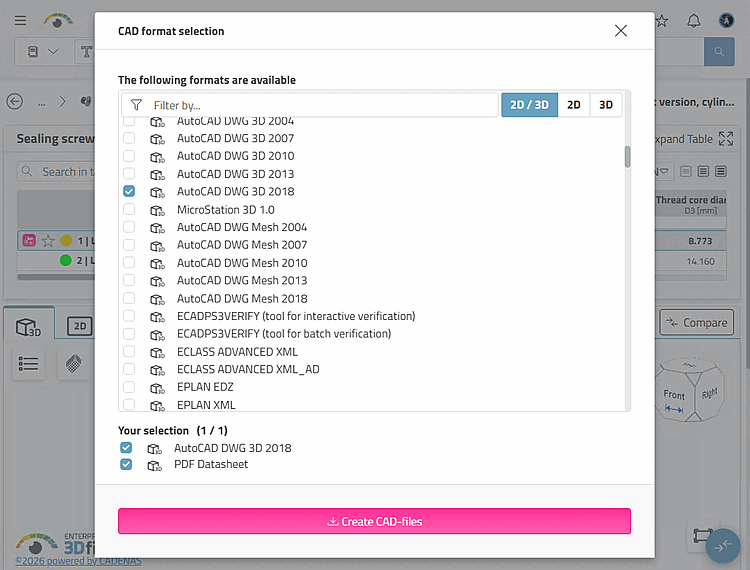 CAD format selection