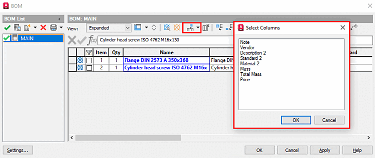 BOM list enhanced with the attributes "Name" and "Supplier"