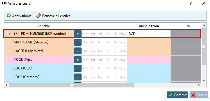Variable search [Variables search] " dialog box
