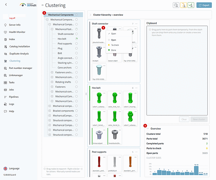 In the results view, the part actions appear next to the selected cluster map; the hierarchy and "Overview" show the scope of the change.
