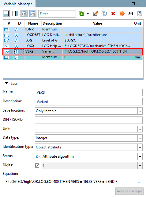 Variable for version of 3db model (here exemplarily VERS)