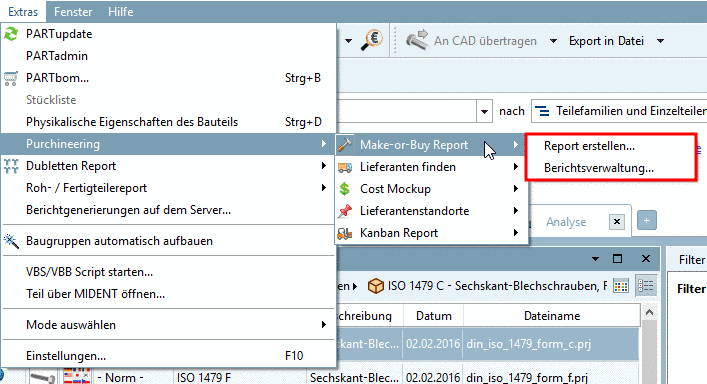 Sub menus of "Create report..." and "Report management..."