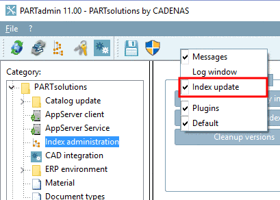 Activate dialog area "Index update"