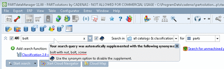 Synonym Search activated in PARTdataManager