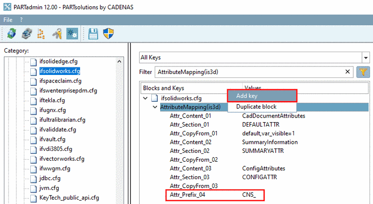 Insert key: The figure is just an example. For each CAD system the specific system key in the "Attr_Section" key must be used. This key is already inserted and may not be changed!